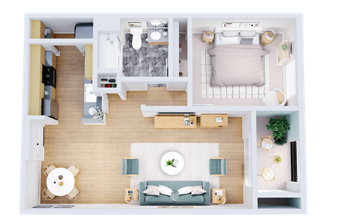 Floor plan for 1 bed, 1 bath, 847 sqft